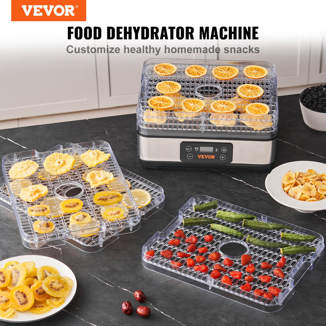 Start2Finish VEVOR 5-tray food dehydrator machine with digital timer, 300W, for drying fruit, jerky, herbs, meat, and vegetables.