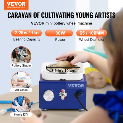 Blue VEVOR Mini Pottery Wheel for kids and beginners with adjustable speed, ceramic turntables, accessories, and detachable basin.