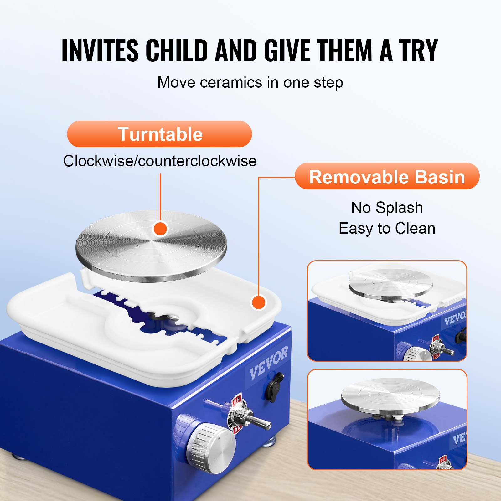 Blue VEVOR mini pottery wheel for kids and beginners with adjustable speed, ceramic turntables, detachable basin, and 17 crafting accessories.