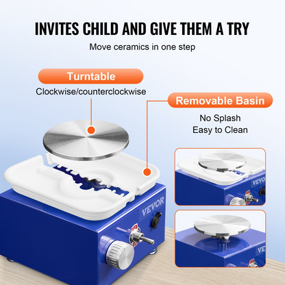 Blue VEVOR mini pottery wheel for kids and beginners with adjustable speed, ceramic turntables, detachable basin, and 17 crafting accessories.