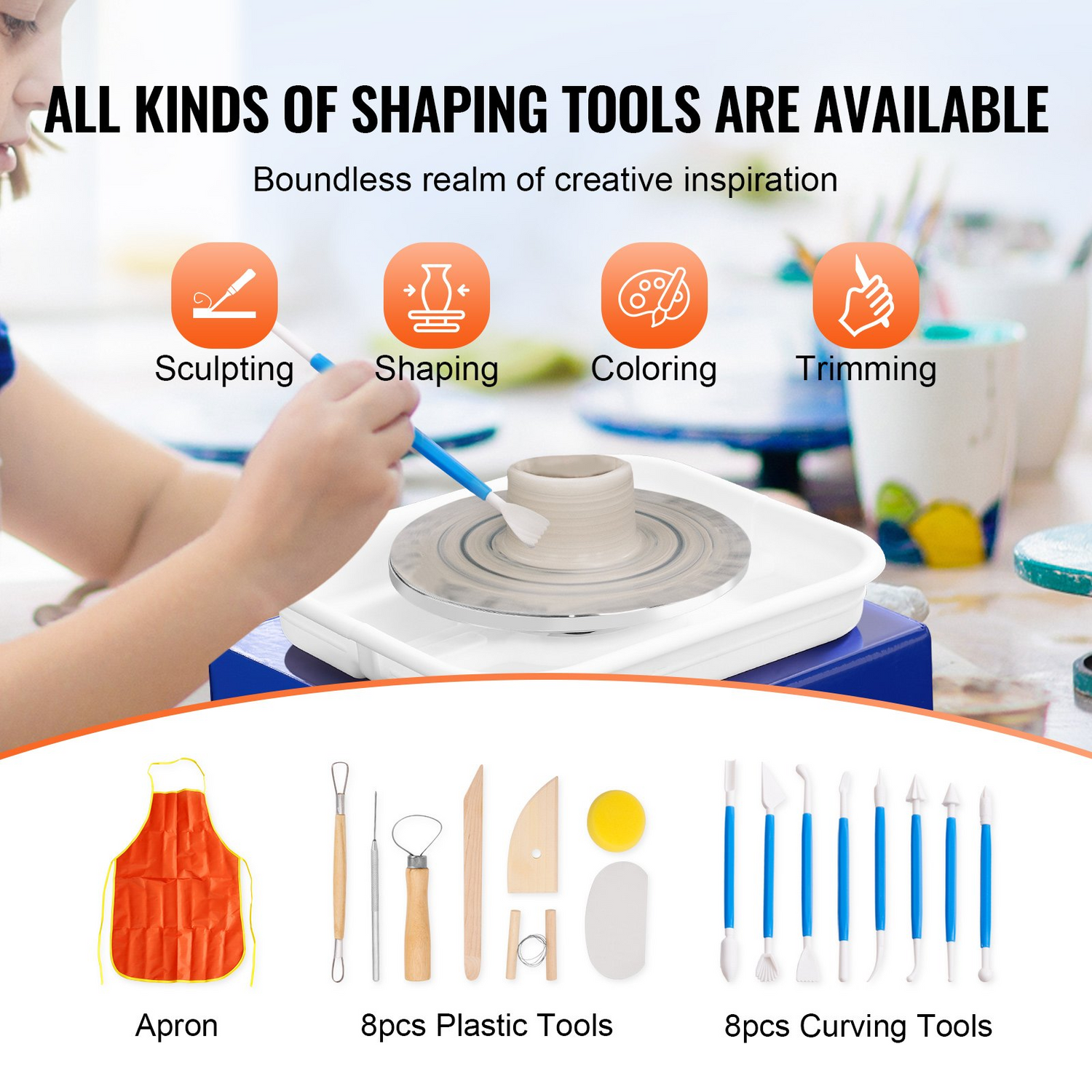 Blue VEVOR mini pottery wheel for kids and beginners with adjustable speed, ceramic turntables, detachable basin, and pottery accessories.