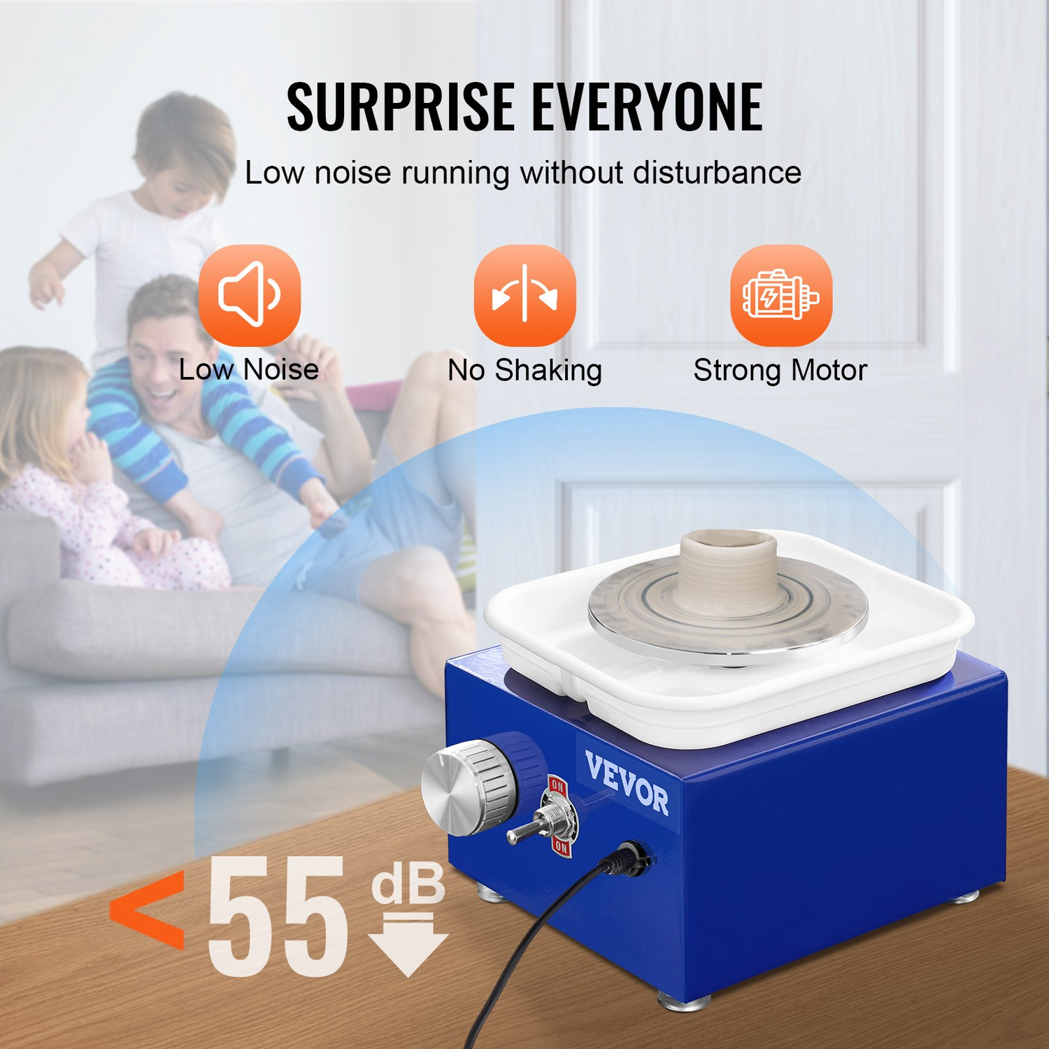 Blue VEVOR mini pottery wheel with adjustable speed, ceramic turntables, detachable basin, and 17 craft accessories for beginners.
