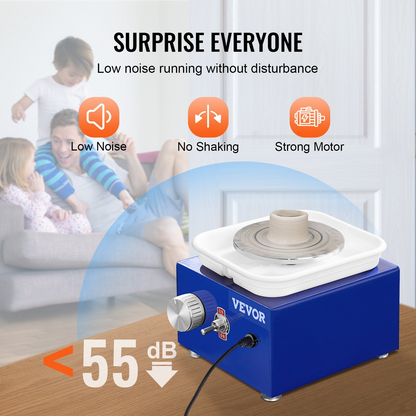 Blue VEVOR mini pottery wheel with adjustable speed, ceramic turntables, detachable basin, and 17 craft accessories for beginners.