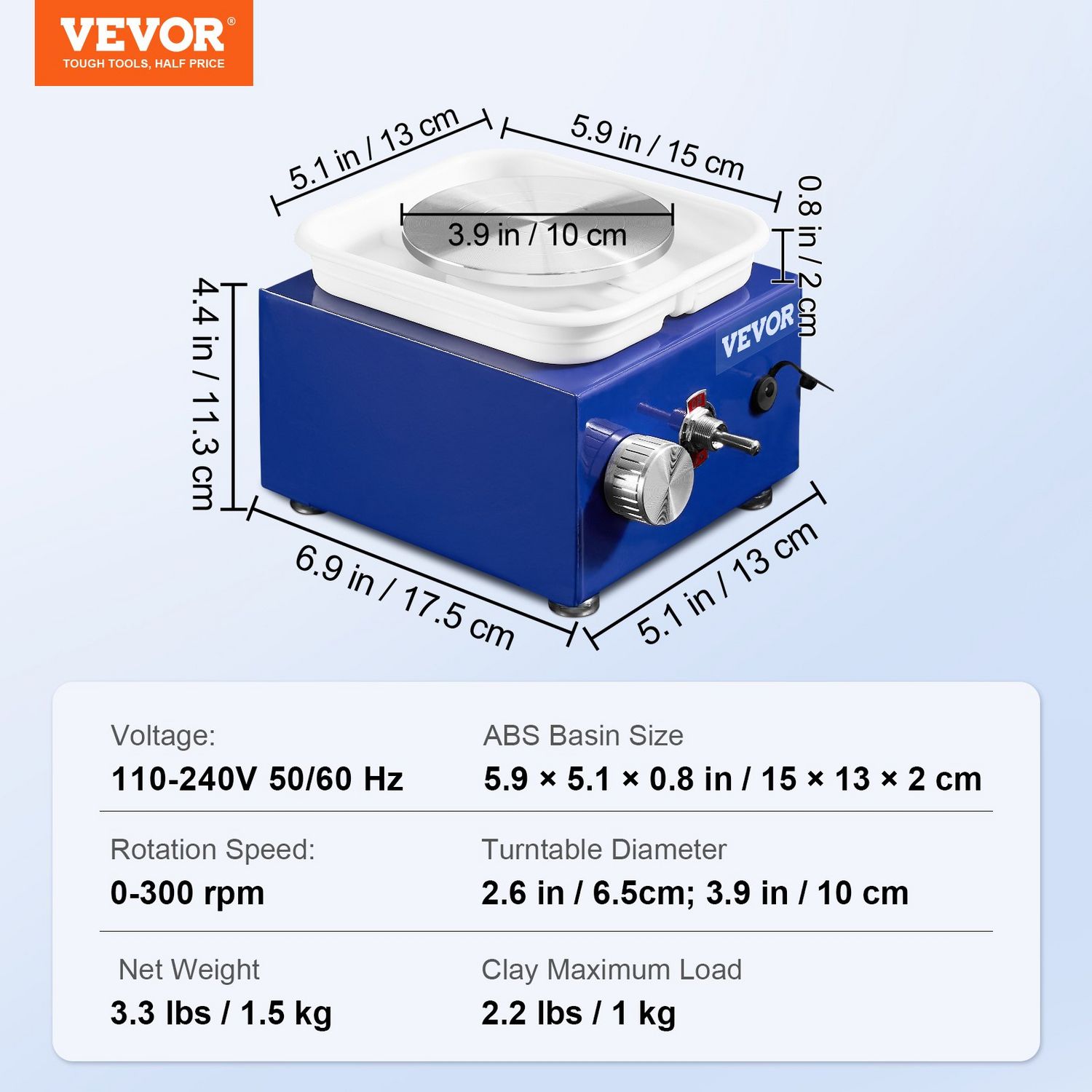 Blue VEVOR mini pottery wheel with adjustable speed, two turntables, ceramic basin, and 17 craft accessories for kids and beginners.