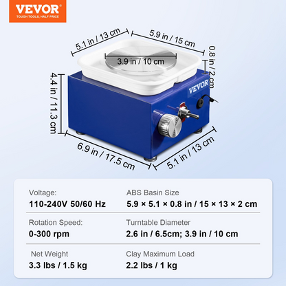 Blue VEVOR mini pottery wheel with adjustable speed, two turntables, ceramic basin, and 17 craft accessories for kids and beginners.