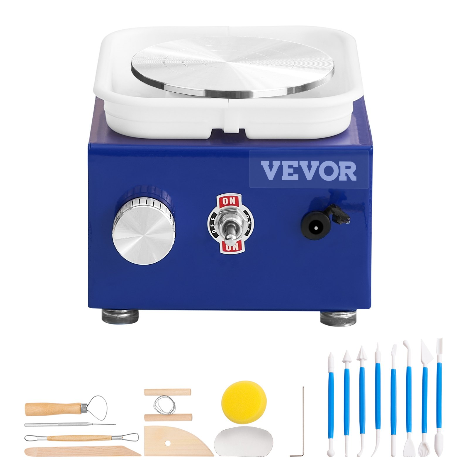 Blue VEVOR Mini Pottery Wheel with twin turntables, adjustable speed, ceramic basin, and 17 accessories for kids and beginners.