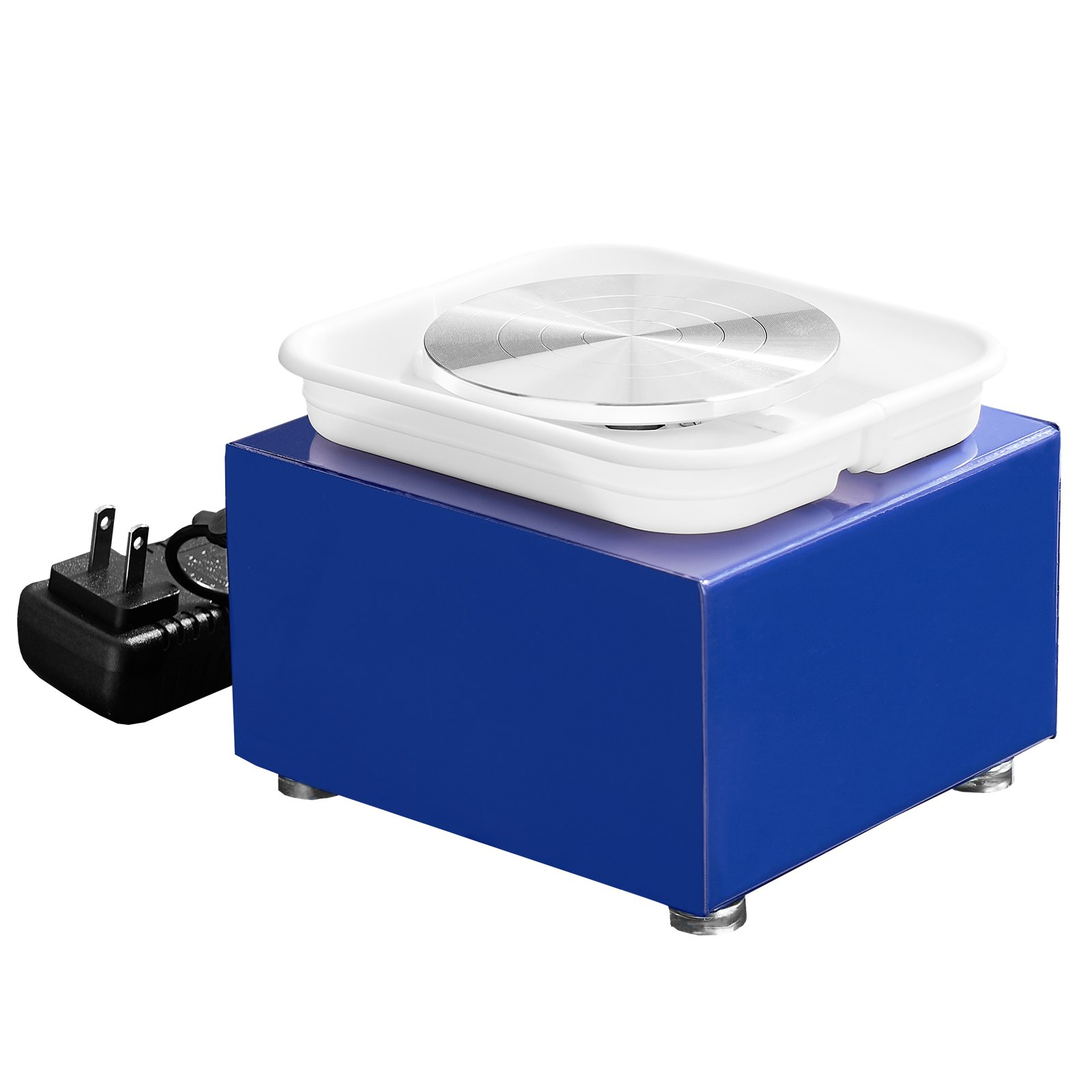 Blue VEVOR mini pottery wheel for kids and beginners with adjustable speed, ceramic turntables, detachable basin, and pottery accessories.
