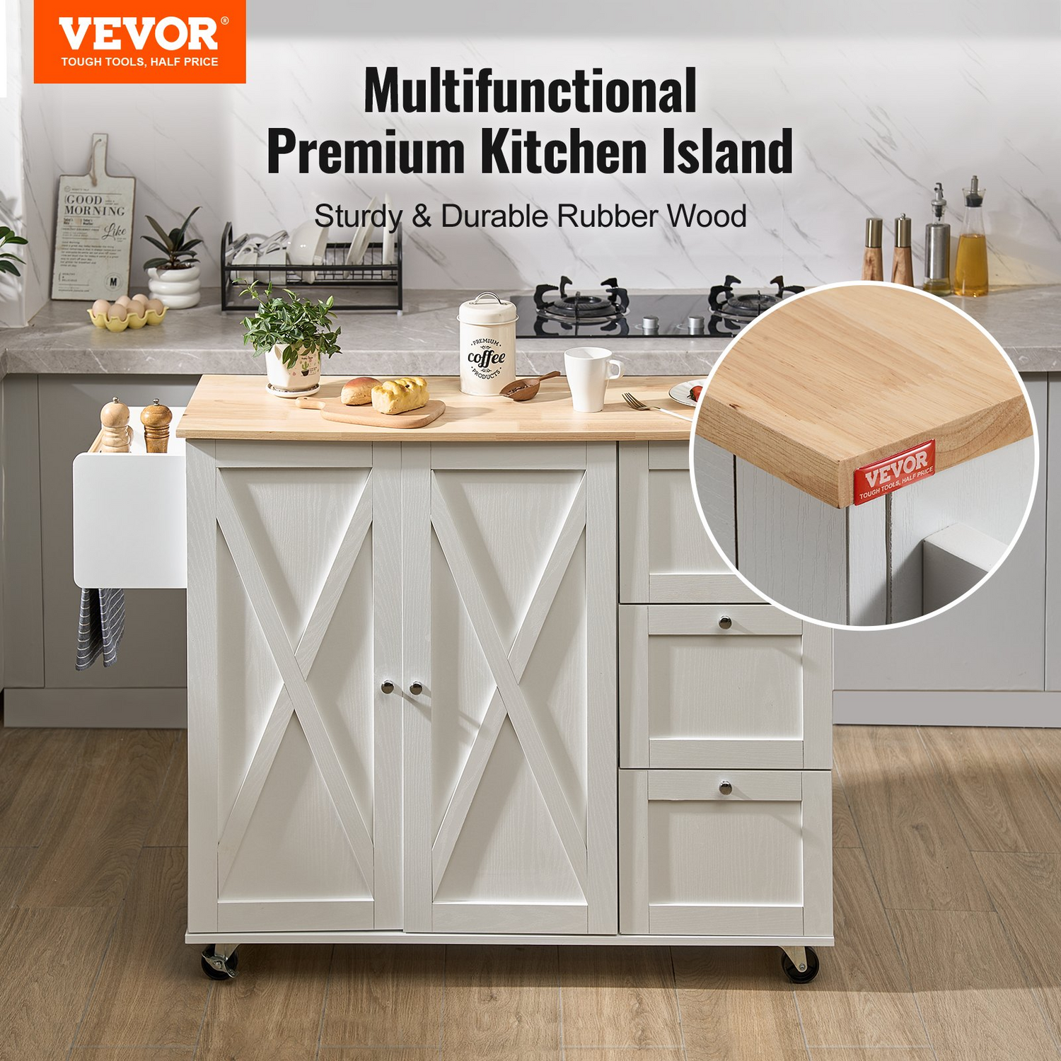 Start2Finish VEVOR kitchen island cart with solid wood top, storage cabinet, spice rack, towel rack, drop leaf, and wheels in white.