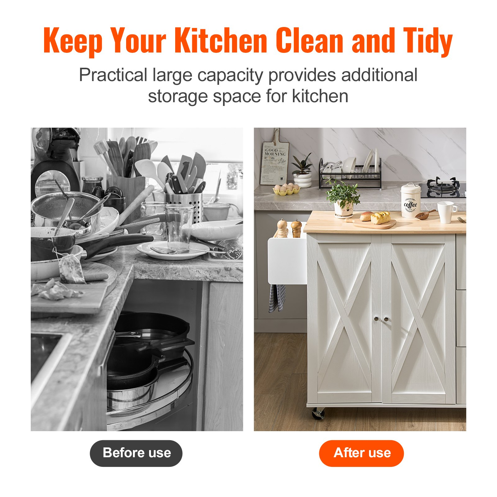 Start2Finish VEVOR kitchen island cart with solid wood top, storage cabinet, spice rack, towel rack, drop leaf, and wheels in white.