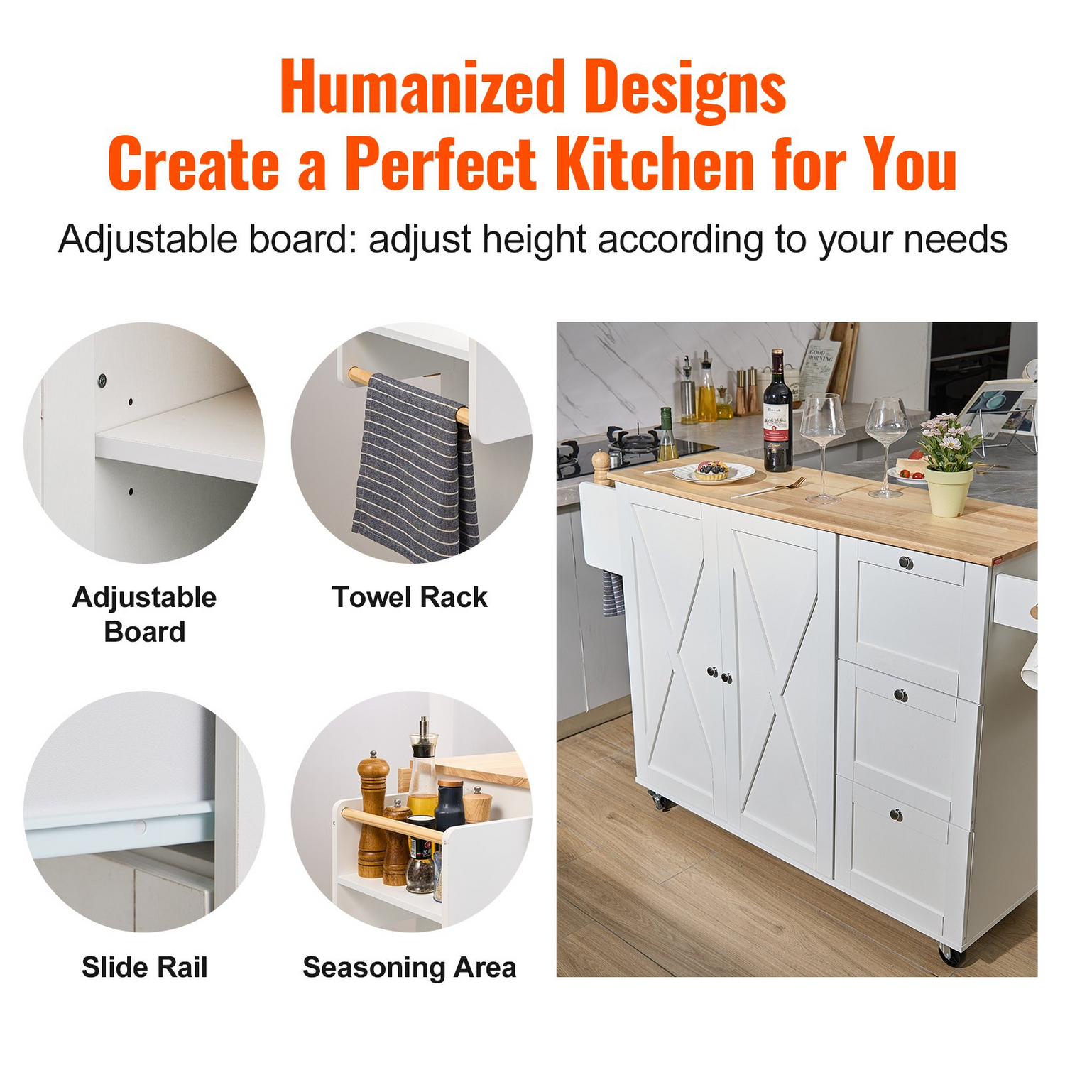Start2Finish VEVOR kitchen island cart with solid wood top, storage cabinet, spice rack, towel rack, drop leaf, and wheels in white