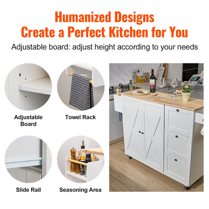Start2Finish VEVOR kitchen island cart with solid wood top, storage cabinet, spice rack, towel rack, drop leaf, and wheels in white