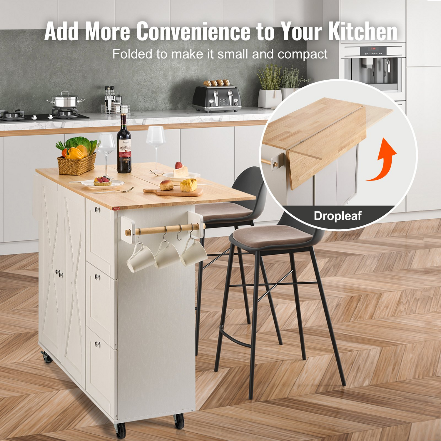 Start2Finish VEVOR kitchen island cart with solid wood top, storage cabinet, spice rack, towel rack, drop leaf, and wheels in white.