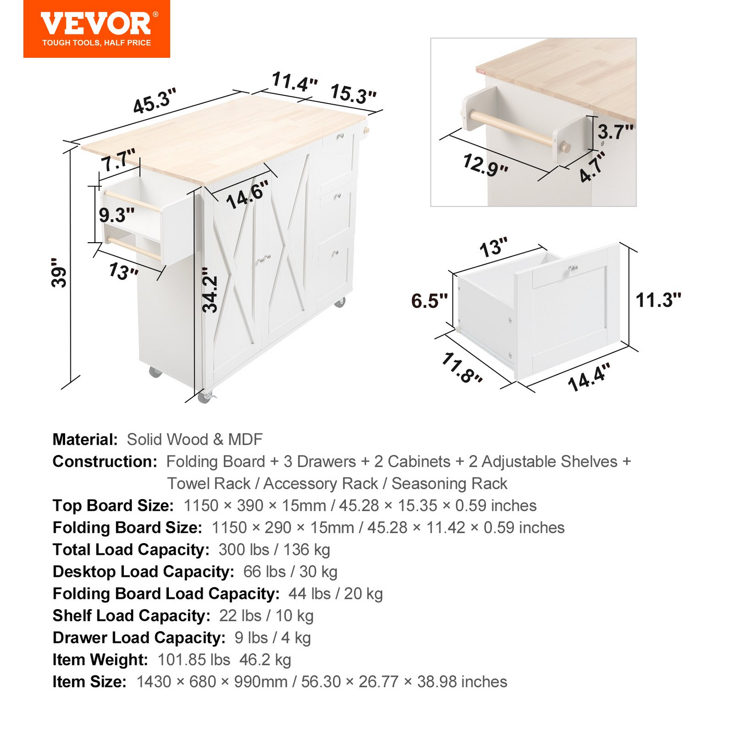 Start2Finish VEVOR kitchen island cart with solid wood top, storage cabinet, spice rack, towel rack, drop leaf, and wheels in white.