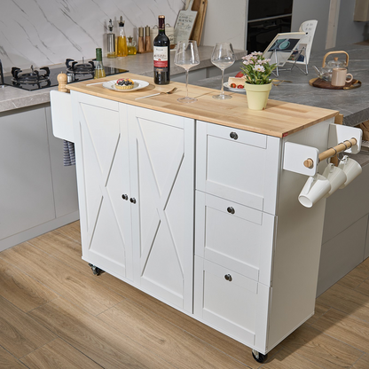 Start2Finish VEVOR kitchen island cart with solid wood top, storage cabinet, spice rack, towel rack, drop leaf, and wheels in white.