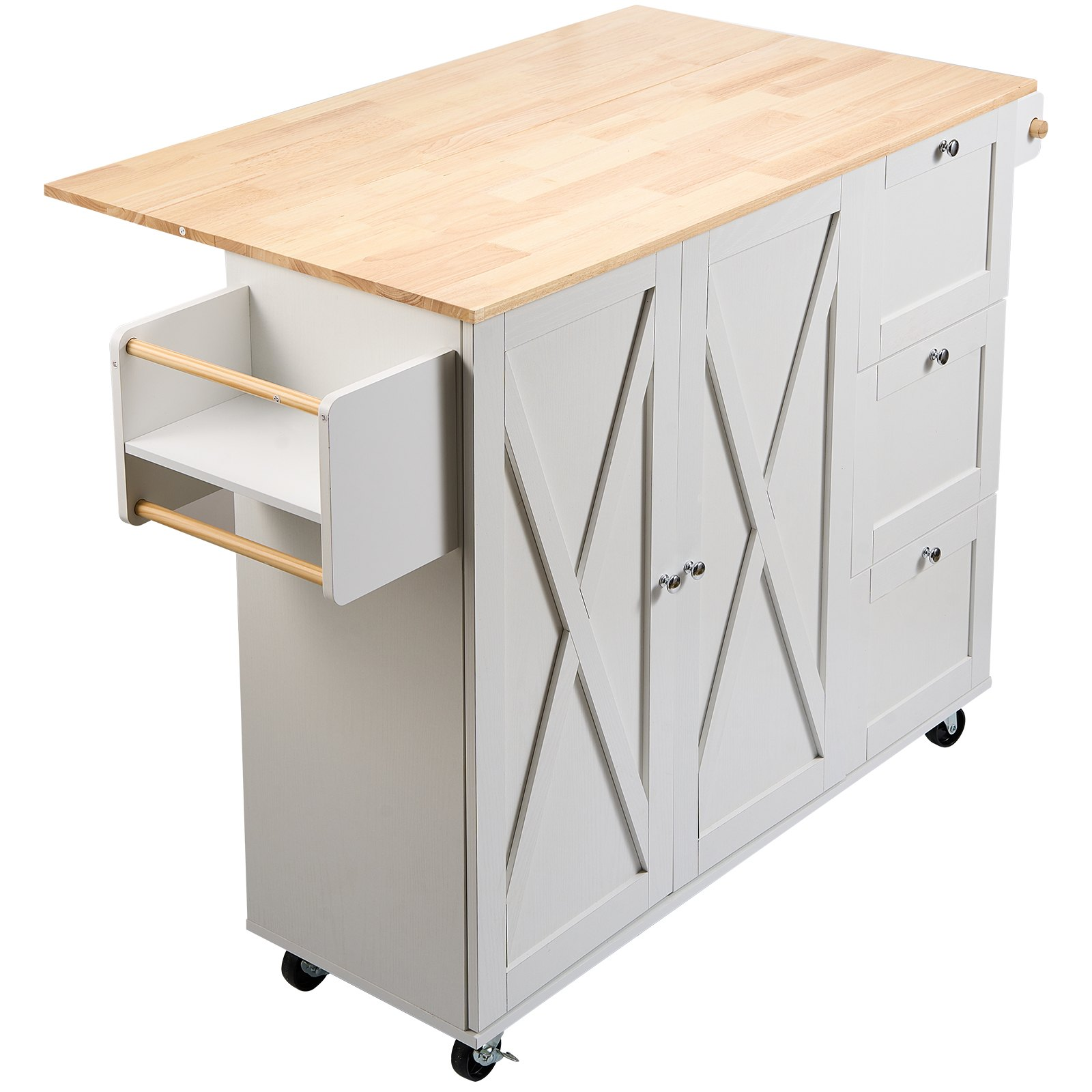 Start2Finish VEVOR kitchen island cart with solid wood top, storage cabinet, spice rack, towel rack, drop leaf, and wheels in white.