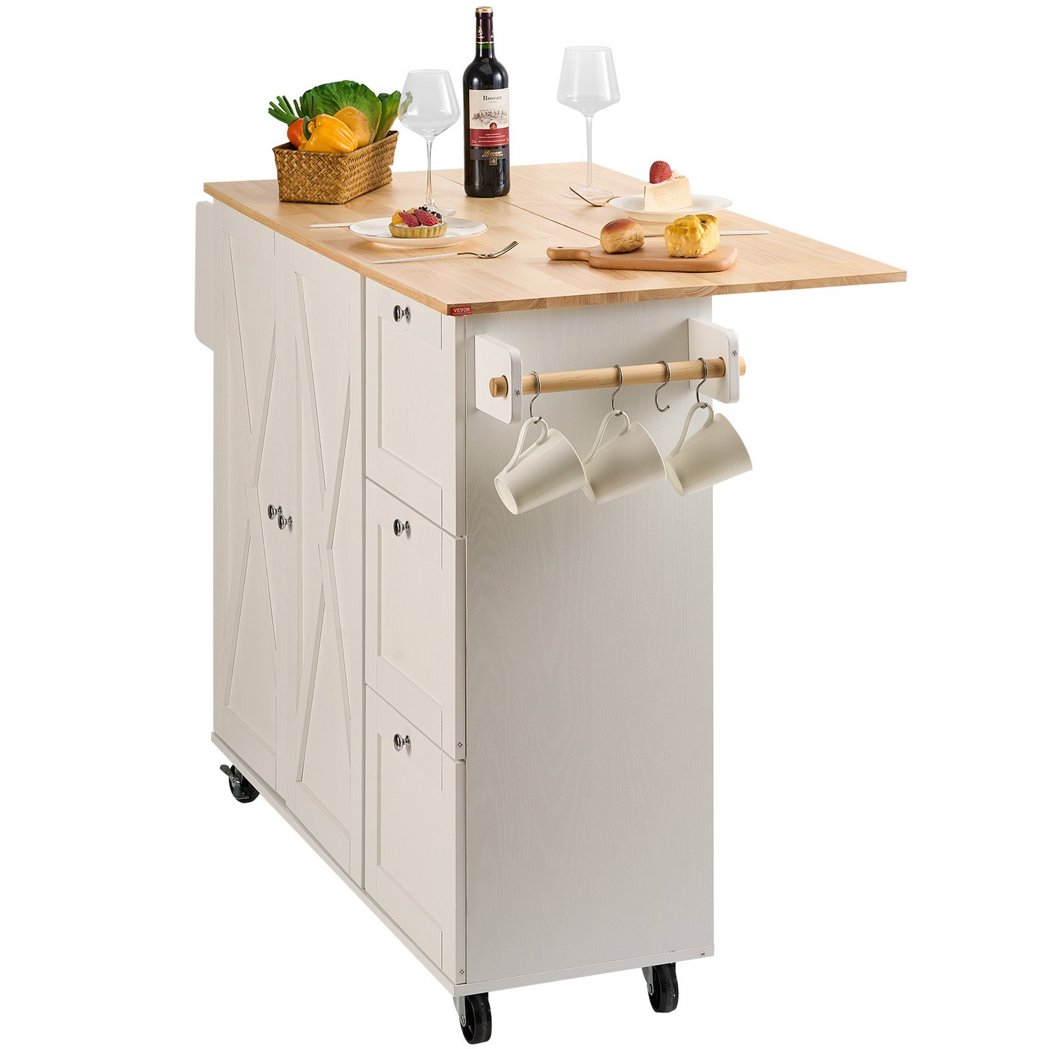Start2Finish VEVOR kitchen island cart with solid wood top, storage cabinet, spice rack, towel rack, drop leaf, and wheels in white.