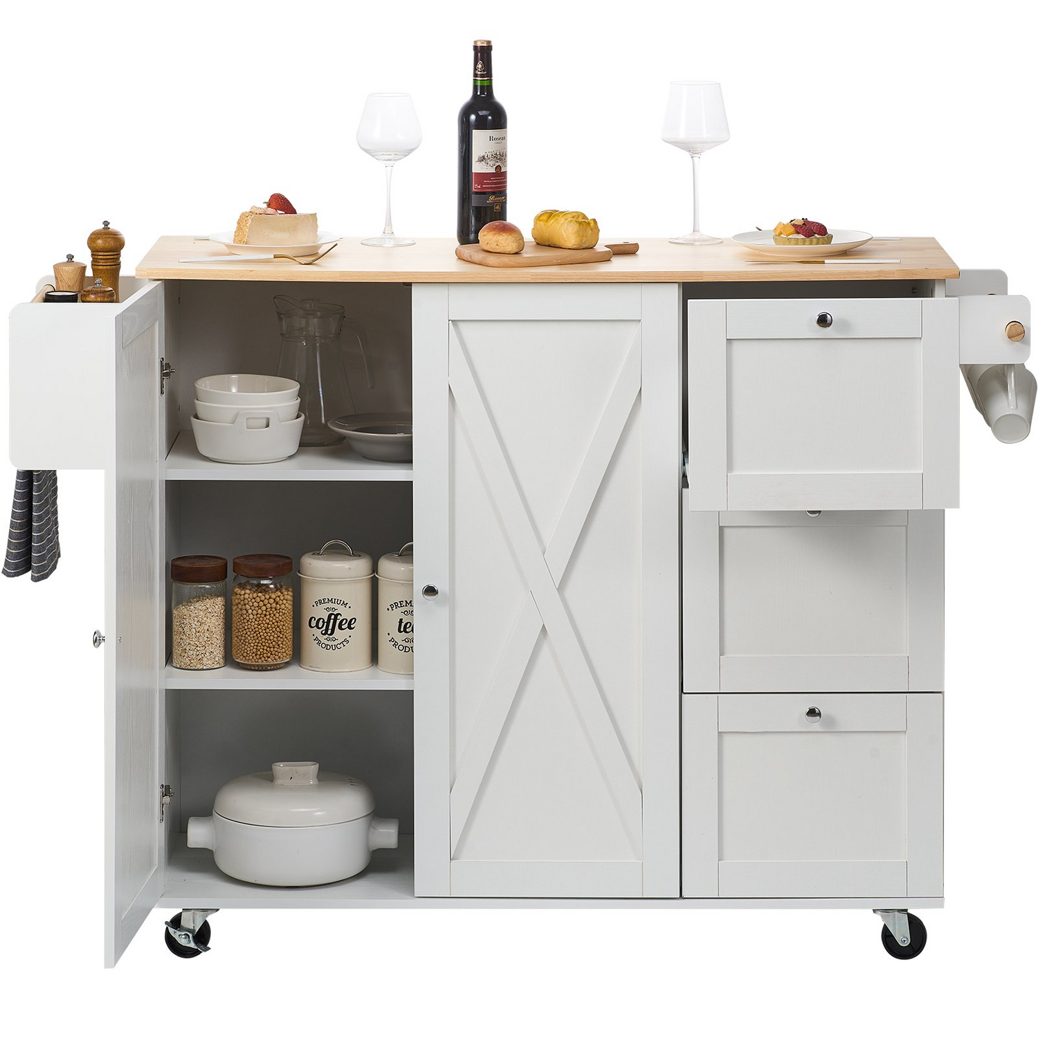 Start2Finish VEVOR kitchen island cart with solid wood top, storage cabinet, spice rack, towel rack, drop leaf, and wheels in white.