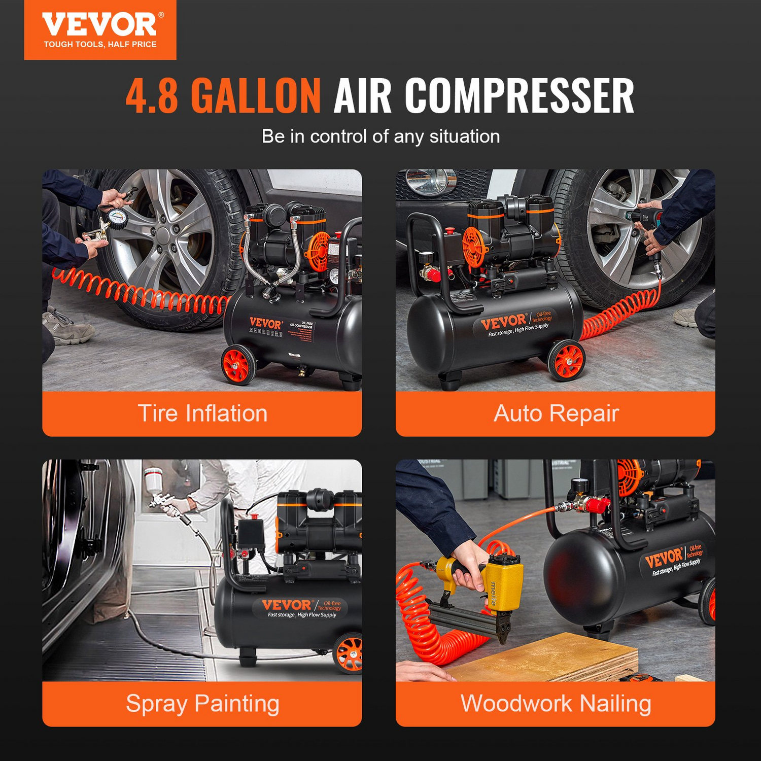 Start2Finish VEVOR 4.8-gallon oil-free air compressor with 1.2HP, 2.2 CFM, ideal for auto repair, tire inflation, and spray painting.