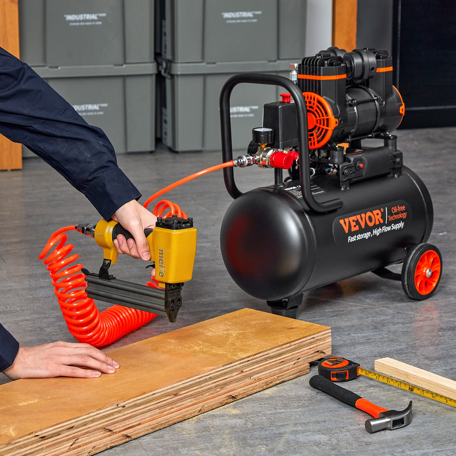 Start2Finish VEVOR 4.8-gallon oil-free air compressor with 1.2HP, 2.2 CFM, 116 PSI, and ultra-quiet operation for tools.