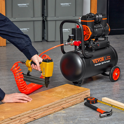 Start2Finish VEVOR 4.8-gallon oil-free air compressor with 1.2HP, 2.2 CFM, 116 PSI, and ultra-quiet operation for tools.