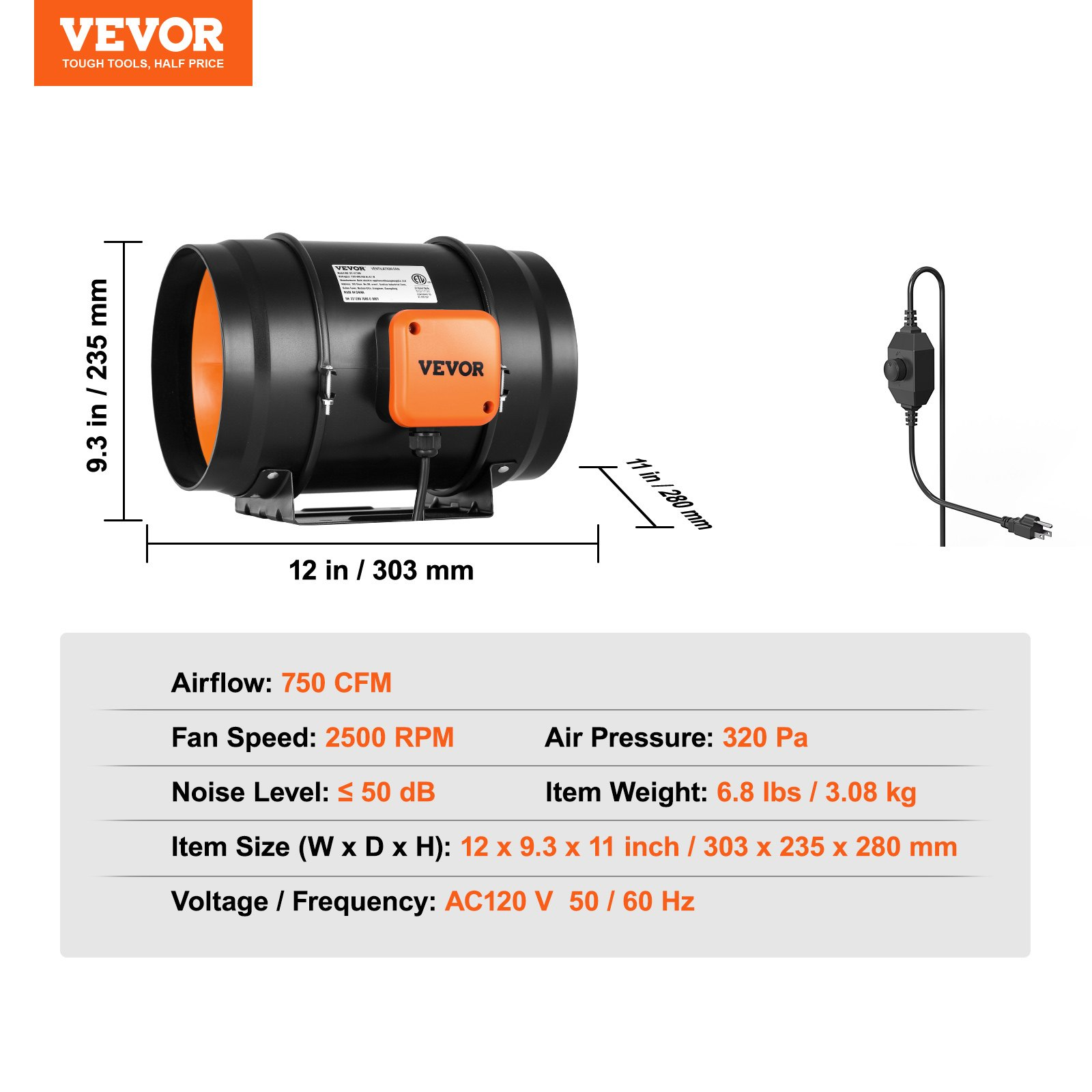 Start2Finish VEVOR 8-inch inline duct fan with variable speed control, quiet AC motor for ventilation and cooling in grow tents
