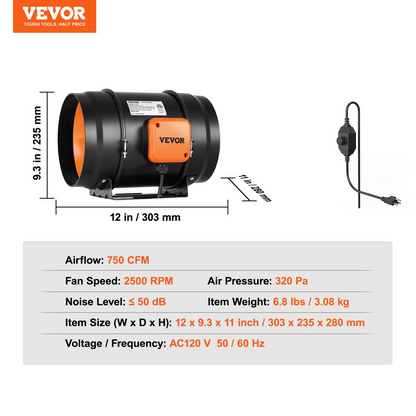 Start2Finish VEVOR 8-inch inline duct fan with variable speed control, quiet AC motor for ventilation and cooling in grow tents