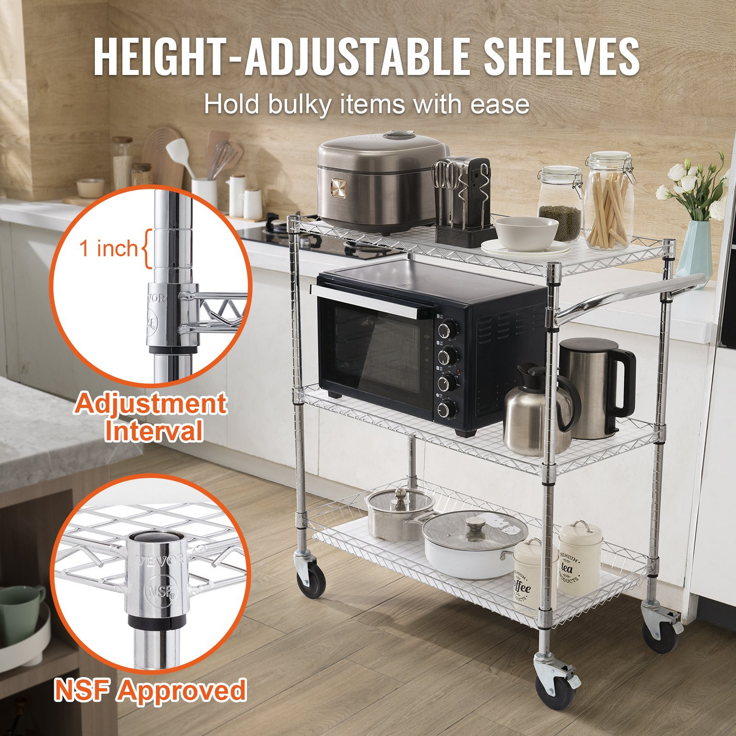 Start2Finish VEVOR kitchen utility cart with 3 wire tiers, steel wheels, curved handle, hooks, and PP liner for indoor and outdoor use.