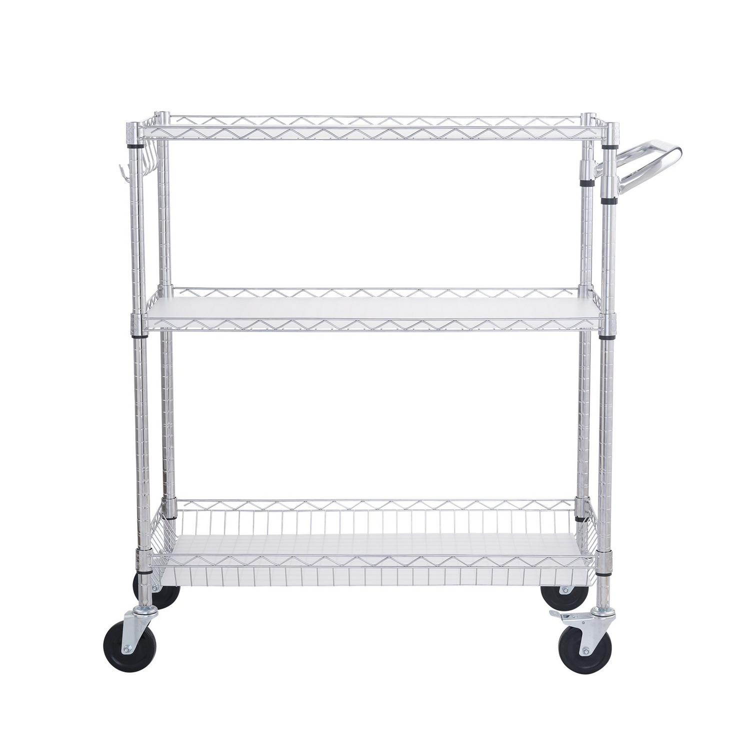 Start2Finish VEVOR kitchen utility cart with three wire tiers, steel construction, curved handle, hooks, and 661LBS capacity.