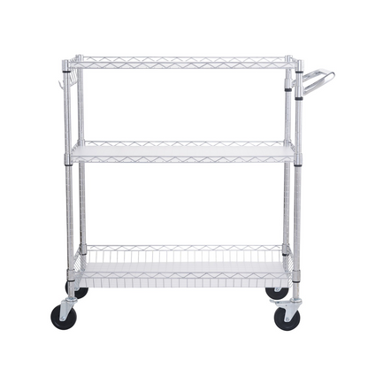 Start2Finish VEVOR kitchen utility cart with three wire tiers, steel construction, curved handle, hooks, and 661LBS capacity.