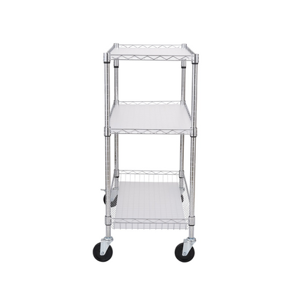 Start2Finish VEVOR kitchen utility cart with 3 wire shelves, steel construction, rolling wheels, curved handle, and hooks for indoor outdoor use.