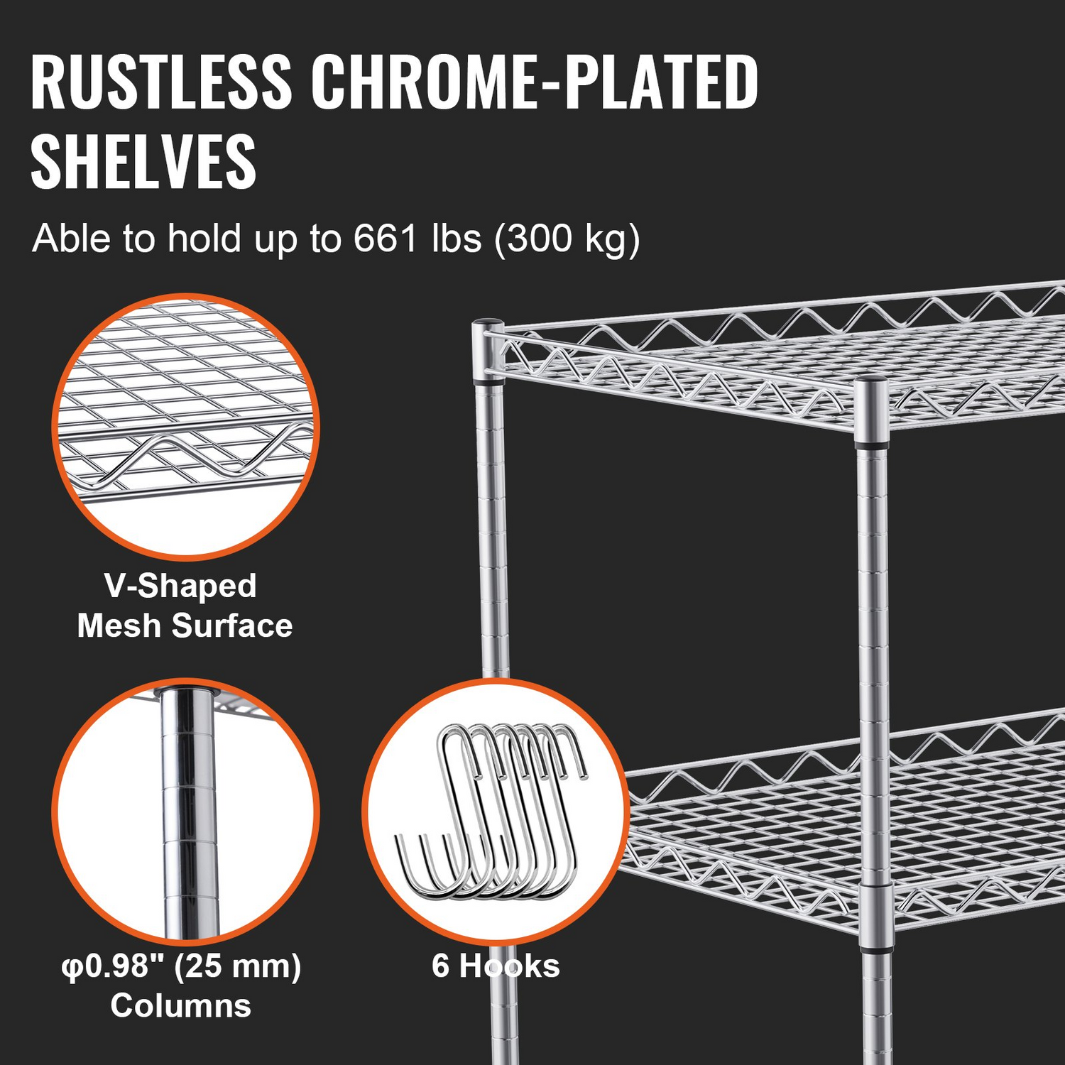 Start2Finish VEVOR kitchen utility cart with three wire shelves, steel construction, curved handle, hooks, and 661LBS capacity.
