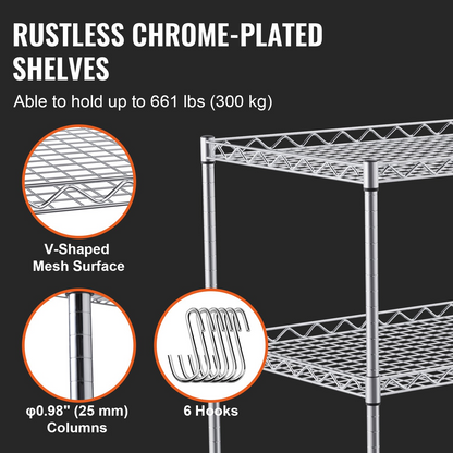 Start2Finish VEVOR kitchen utility cart with three wire shelves, steel construction, curved handle, hooks, and 661LBS capacity.