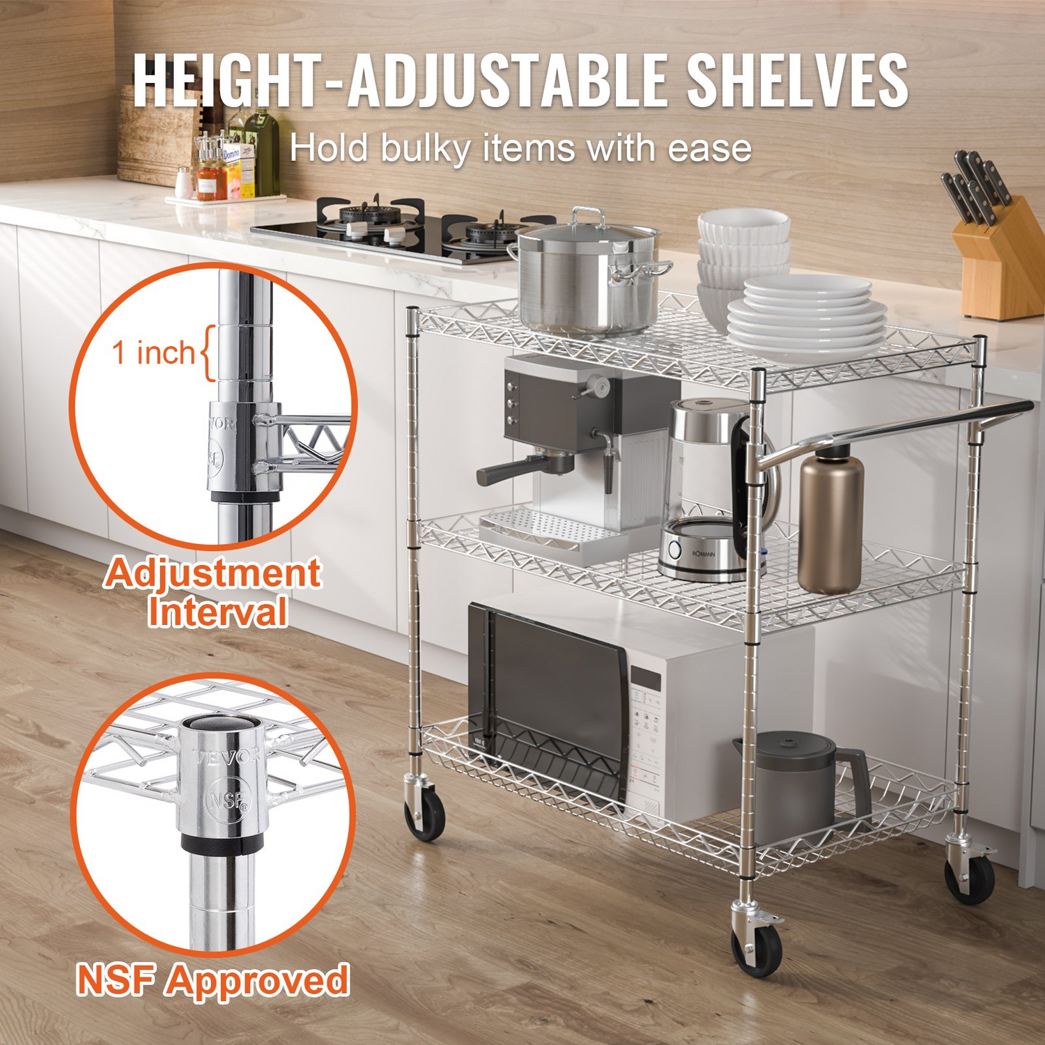 Start2Finish VEVOR kitchen utility cart with 3 wire tiers, steel construction, curved handle, 6 hooks, and 661 lbs capacity.