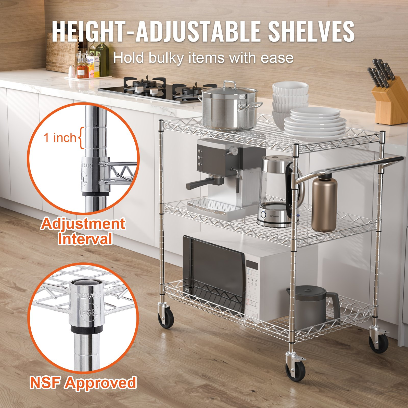 Start2Finish VEVOR kitchen utility cart with 3 wire tiers, steel construction, curved handle, 6 hooks, and 661 lbs capacity.