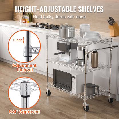 Start2Finish VEVOR kitchen utility cart with 3 wire tiers, steel construction, curved handle, 6 hooks, and 661 lbs capacity.