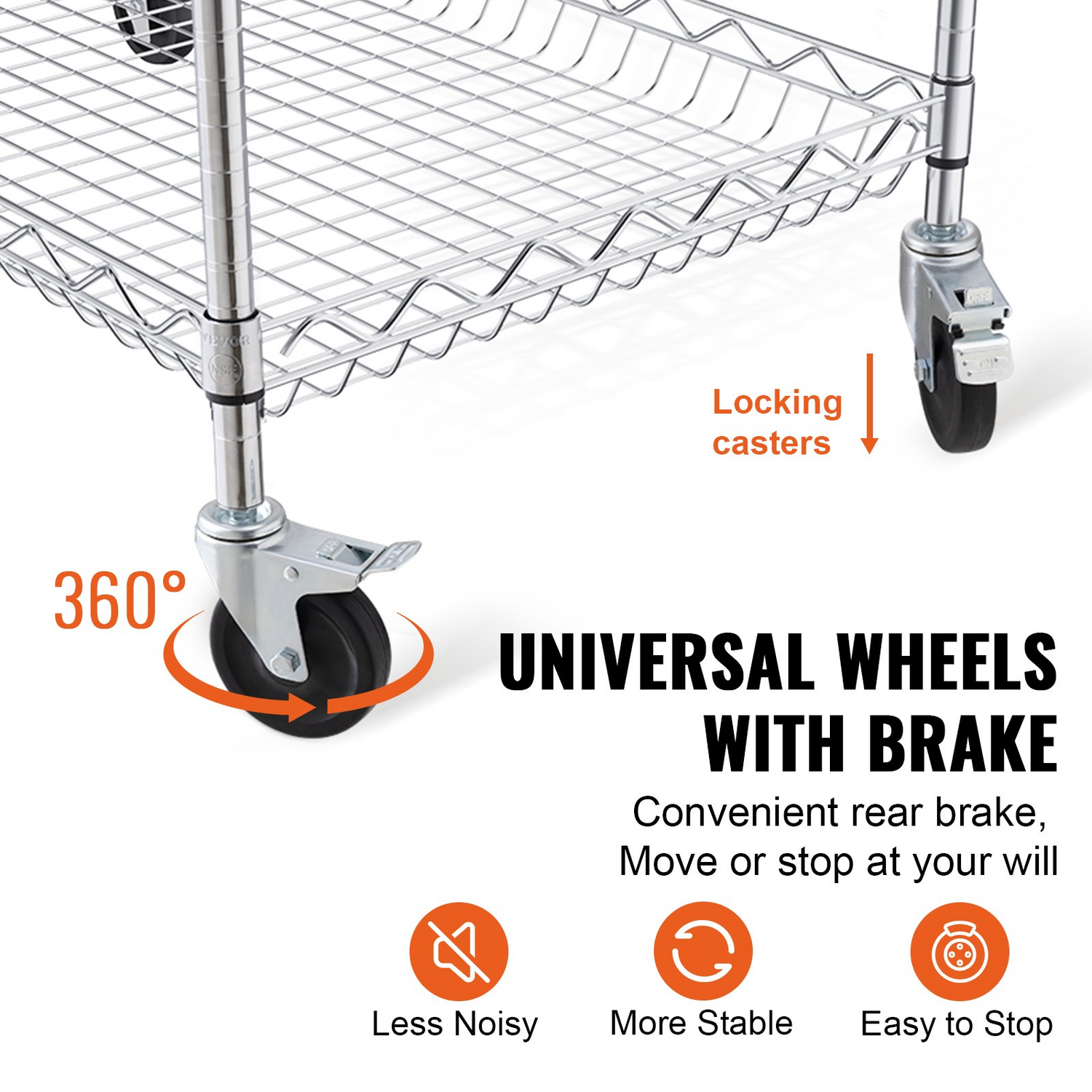 Start2Finish VEVOR kitchen utility cart with three wire shelves, steel construction, rolling wheels, hooks, and curved handle.