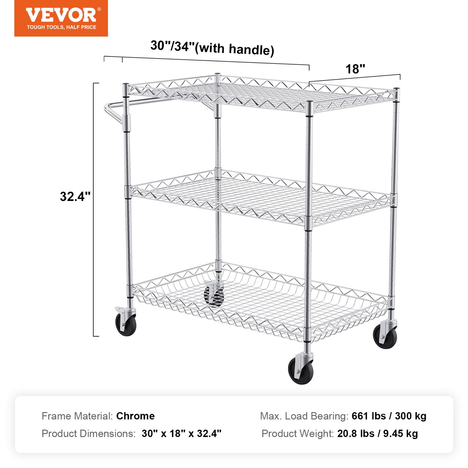 Start2Finish VEVOR kitchen utility cart with 3 wire tiers, steel construction, curved handle, hooks, and 661LBS capacity.