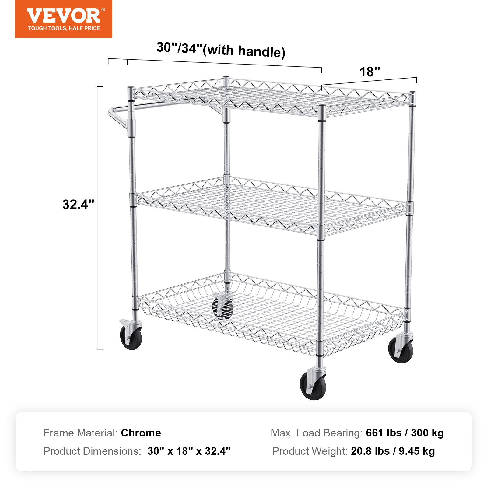 Start2Finish VEVOR kitchen utility cart with 3 wire tiers, steel construction, curved handle, hooks, and 661LBS capacity.