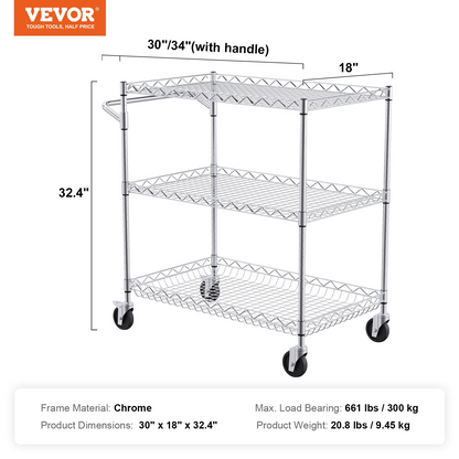 Start2Finish VEVOR kitchen utility cart with 3 wire tiers, steel construction, curved handle, hooks, and 661LBS capacity.