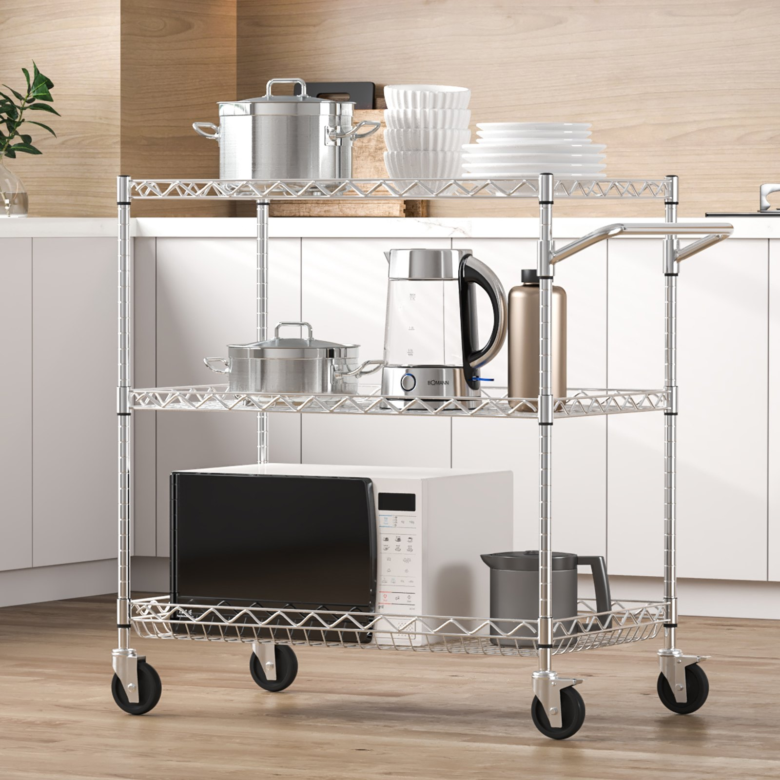 Start2Finish VEVOR kitchen utility cart with three wire tiers, steel frame, curved handle, hooks, and 661LBS capacity.