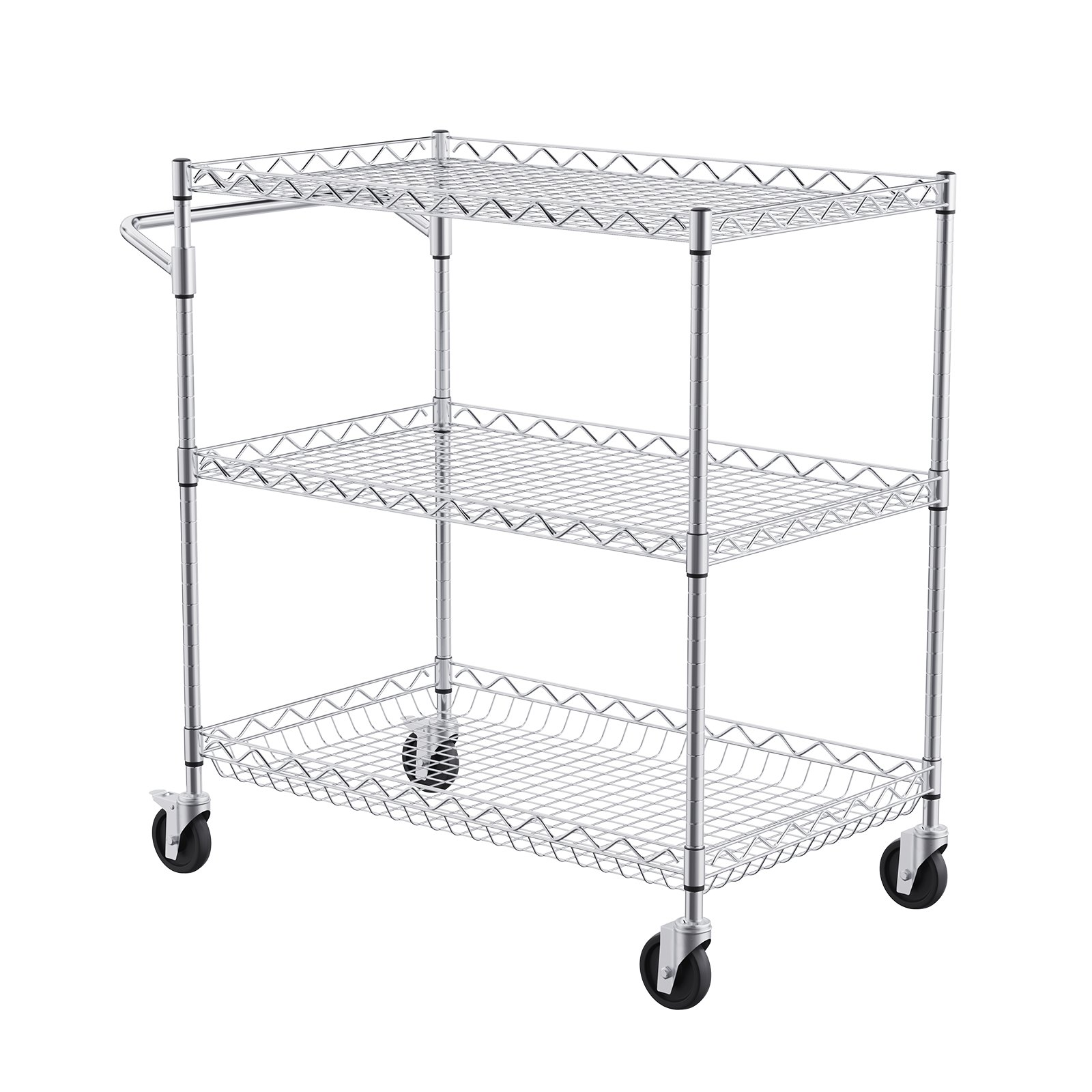 Start2Finish VEVOR kitchen utility cart with 3 wire tiers, steel frame, curved handle, hooks, and 661LBS capacity for indoor or outdoor use.