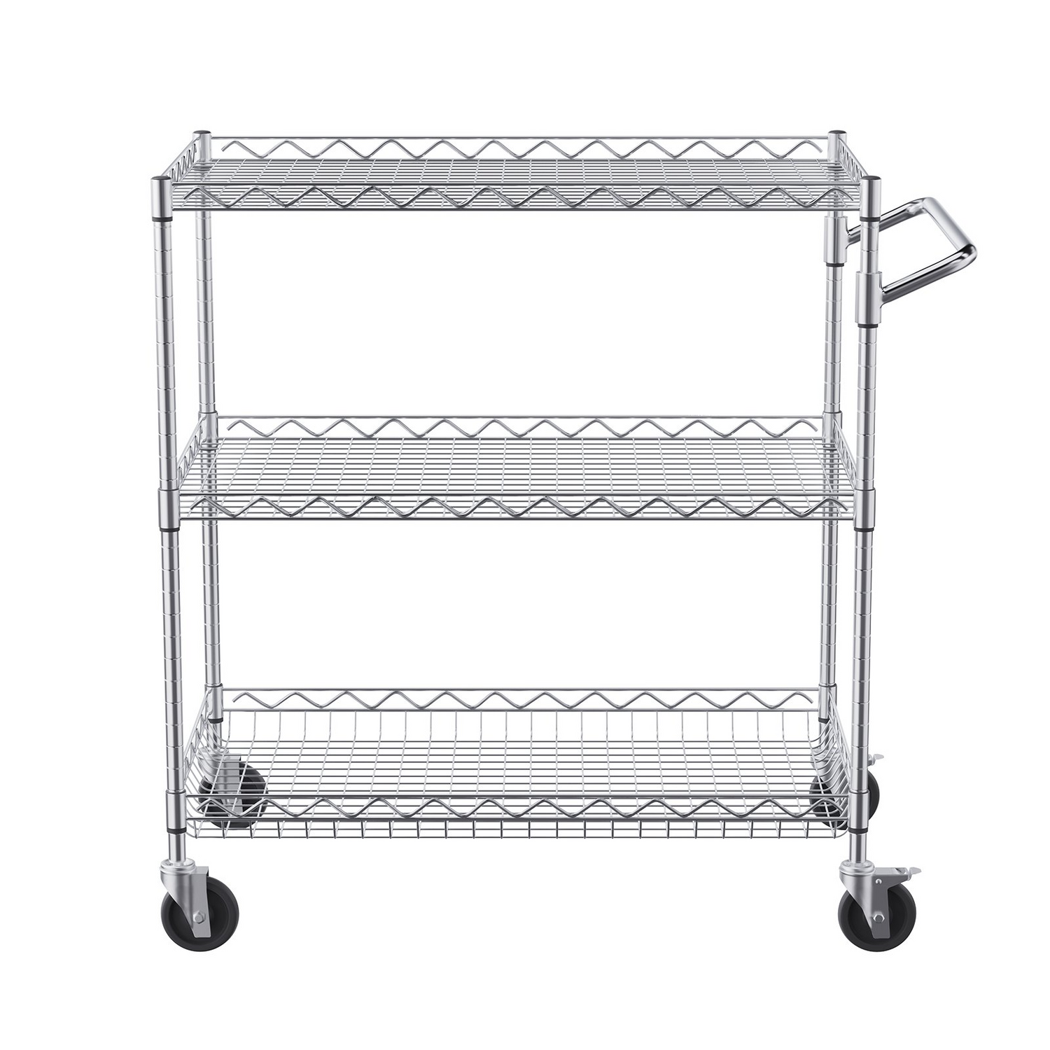 Start2Finish VEVOR kitchen utility cart with three wire tiers, steel construction, curved handle, hooks, and 661LBS capacity.
