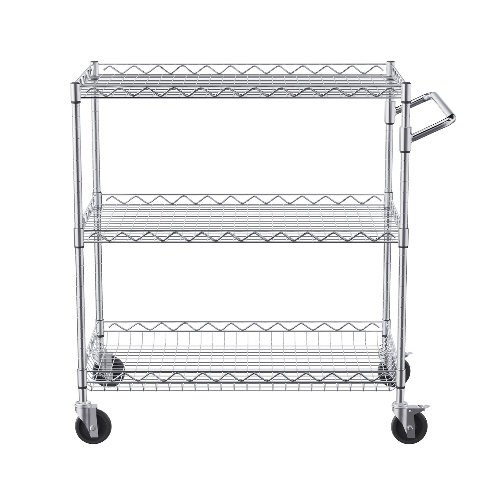 Start2Finish VEVOR kitchen utility cart with three wire tiers, steel construction, curved handle, hooks, and 661LBS capacity.