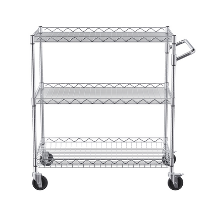 Start2Finish VEVOR kitchen utility cart with three wire tiers, steel construction, curved handle, hooks, and 661LBS capacity.