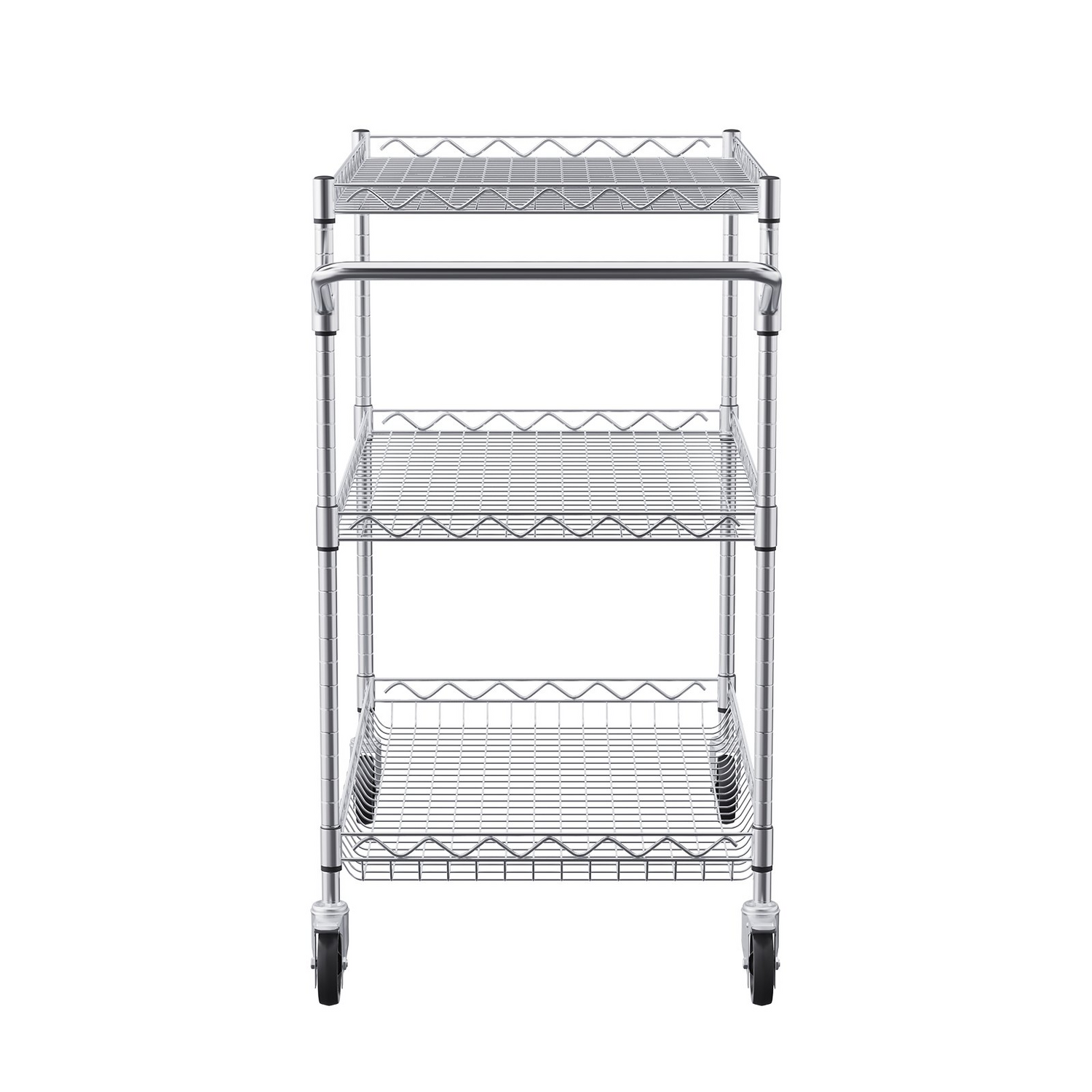 Start2Finish VEVOR kitchen utility cart with 3 wire tiers, steel construction, 6 hooks, curved handle, and 661 lbs capacity.
