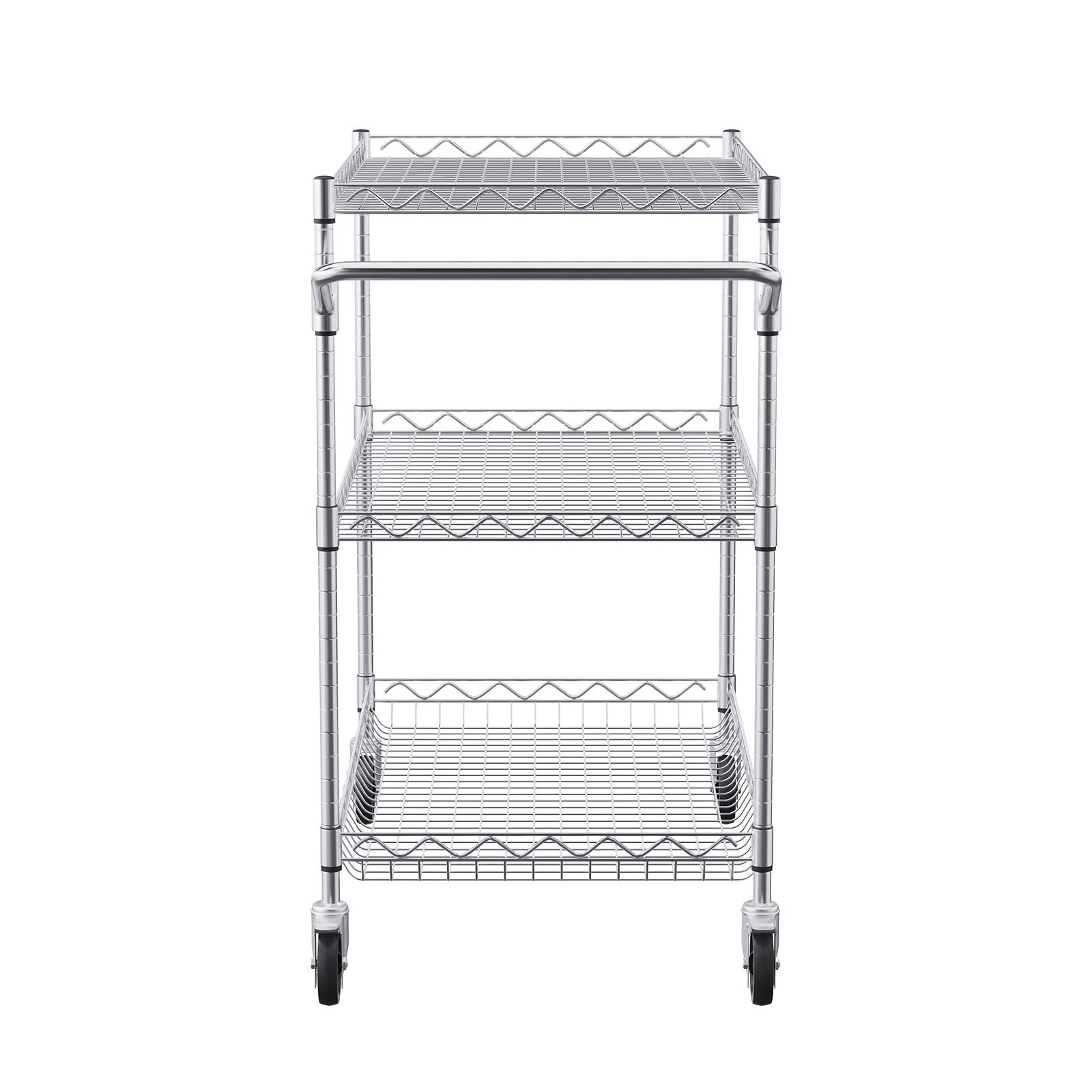 Start2Finish VEVOR kitchen utility cart with 3 wire tiers, steel construction, 6 hooks, curved handle, and 661 lbs capacity.