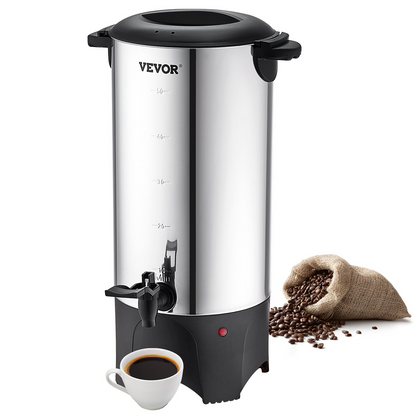 Start2Finish VEVOR commercial coffee urn in silver, 50-cup stainless steel electric coffee dispenser with detachable power cord.