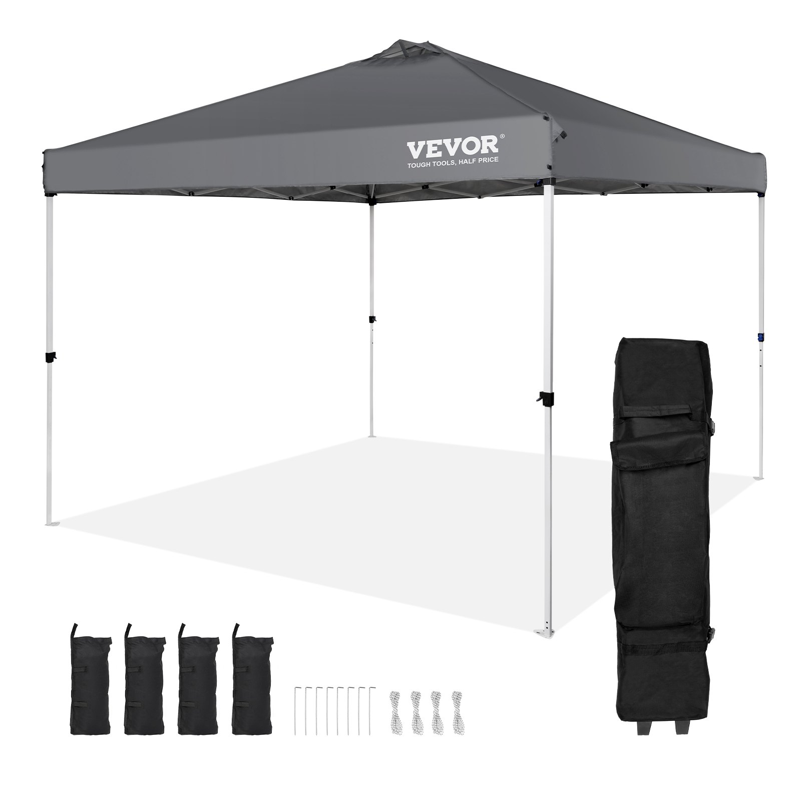 Start2Finish VEVOR 10x10 ft pop up canopy tent with silver coated tarp, portable roller bag, and four sandbags for outdoor events.