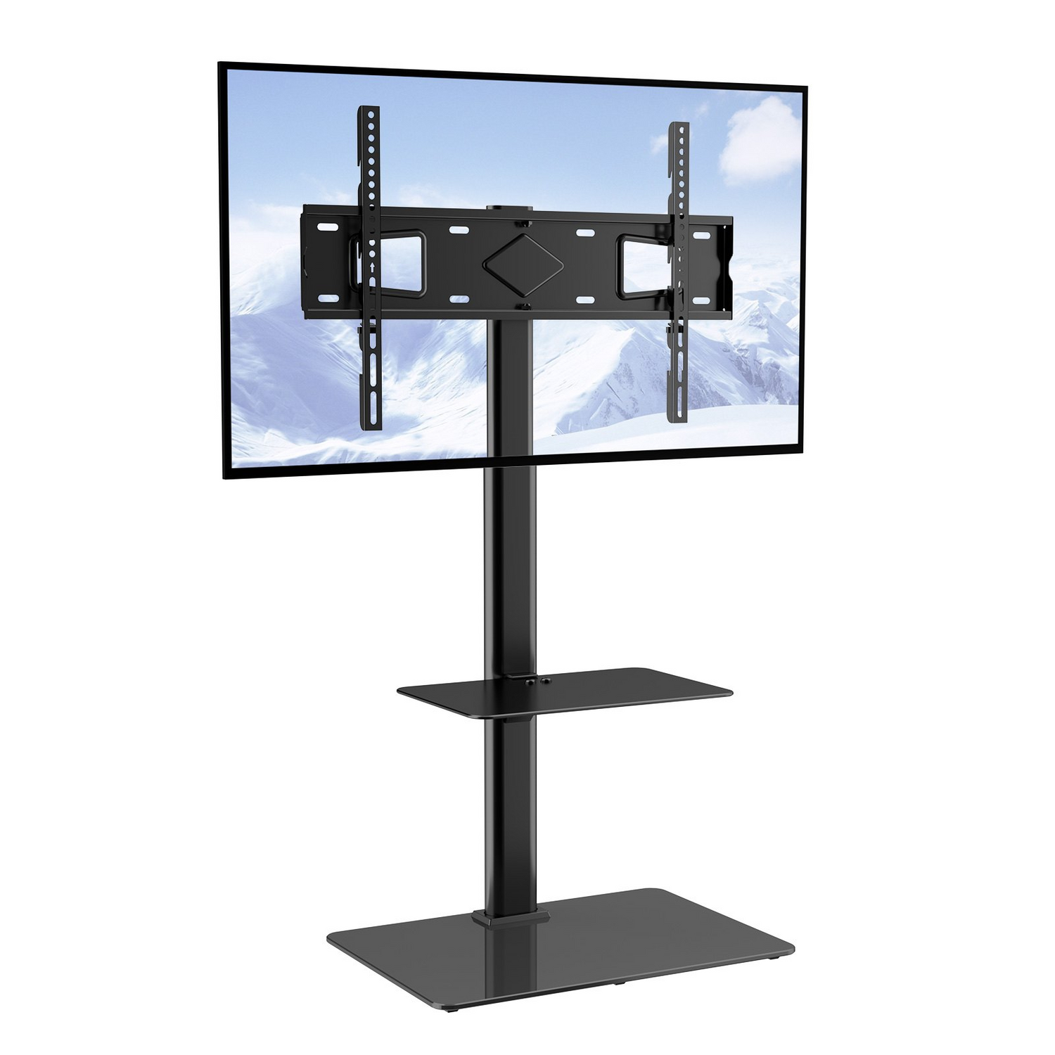 Start2Finish VEVOR TV stand mount with adjustable height, swivel feature, and tempered glass base for 32-65 inch TVs in living room or bedroom