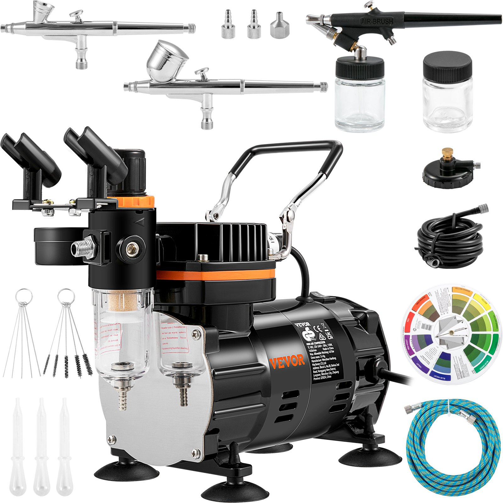 Start2Finish VEVOR airbrush ensemble with compressor, dual-action gravity feed system for art, nails, cookies, and tattoos.